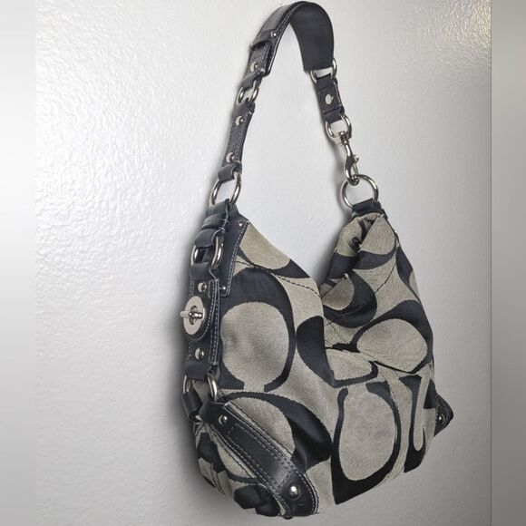 Coach Carly Signature Big C Black Gray Hobo Shoulder Vintage Bag Purse 12871 - Picture 4 of 10